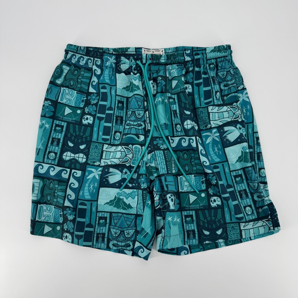 RSVLTS Mens Tiki Mosaic Swim Trunks Teal Blue Polynesian Print Shorts Medium